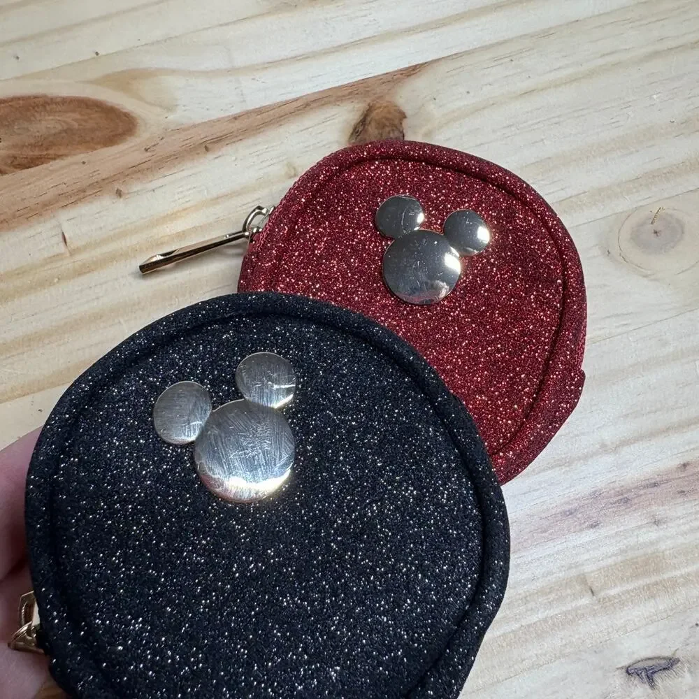 Disney Mickey Mouse Coin Purse Black Red Glitter Shimmer Zip Around -- Lot of 2